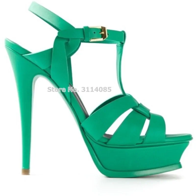 Designer Dark Green Matte Strappy Platform Sandals Women Stilettos T-Strap Hollow Out Open Toe Buckle Summer Dress Shoes Size43