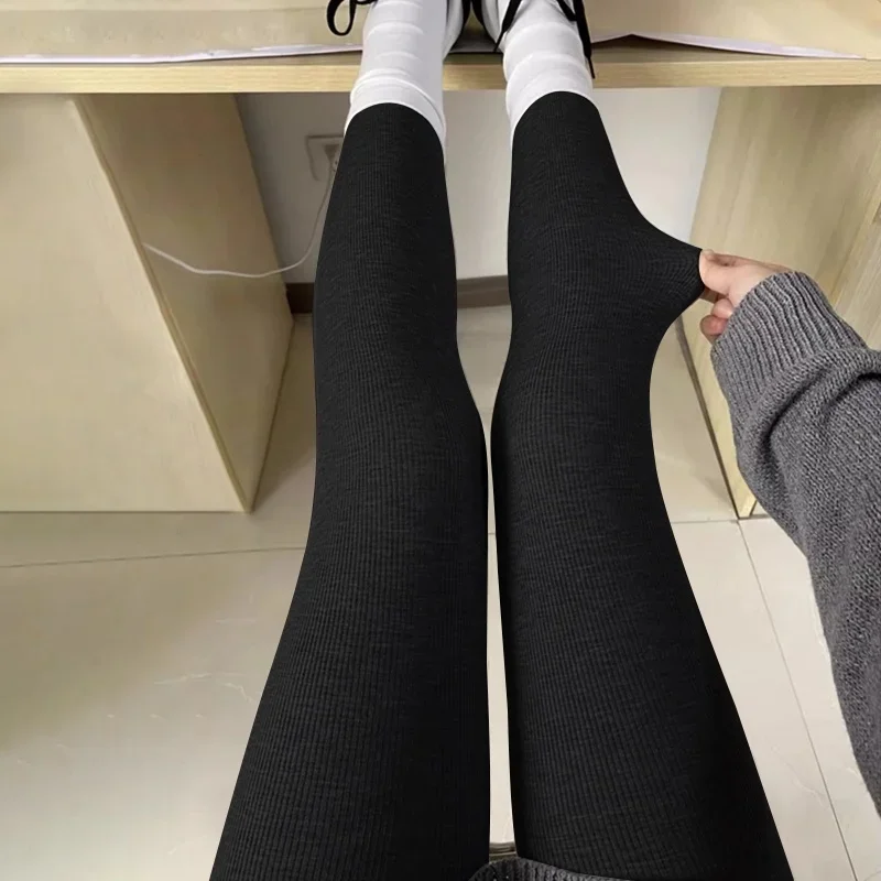 Women High-Stretch Leggings Vertical Stripes Winter Plush Thicken Cotton Tights Spring Autumn Gray Black Warm Hip-lifting Pants
