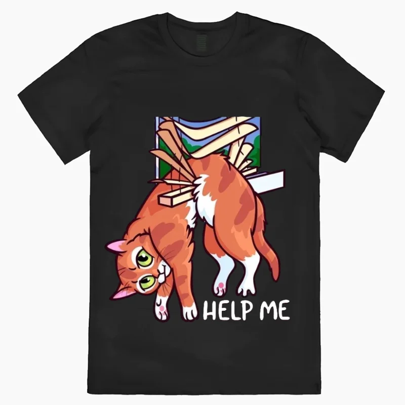 2024 letni damski bawełniany t-shirt czarny Oversize nadruk kota krótki rękaw Unisex na co dzień prosty wygodny Top Y2K