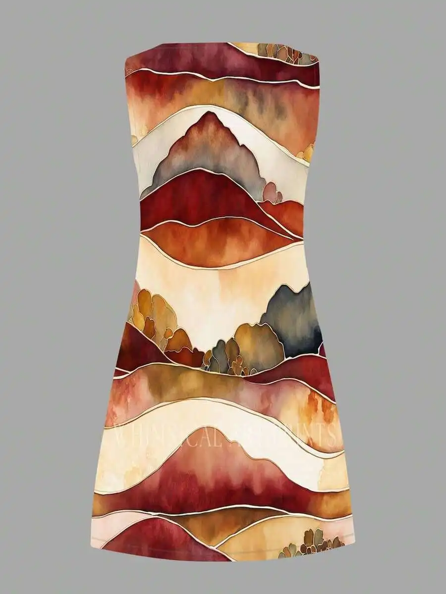 

Abstract Landscape Print Sleeveless Dress Boho Style Flowing Hem Casual
