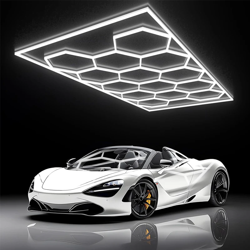 Ultra Bright 14-Grid Hexagon LED Garage Lights,6500K, 712W, Modern Honeycomb Design with Rectangle Frame,Dimmable, Easy Install