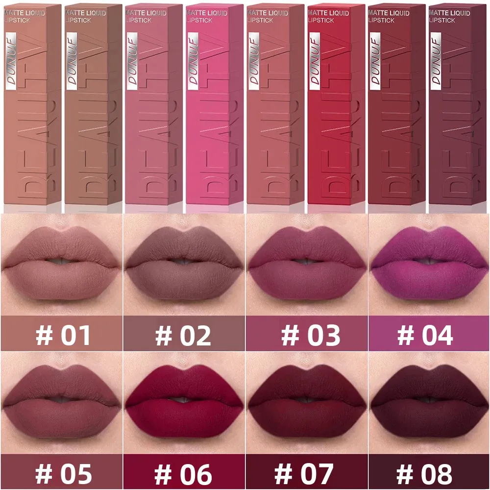 Aksamitny błyszczyk do ust Wodoodporny Matowy Długotrwały Nawilżający Szminka Nieprzenosząca się Bogaty Kolor Seksowny Brąz Kwadratowa Tubka 8 Odcieni