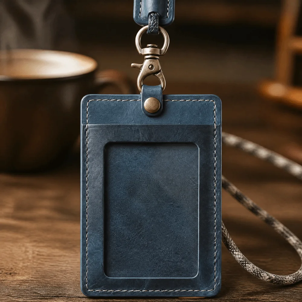 Vintage Waxed Leather ID Badge Holder Distressed Leather Protective Sleeve Neck Lanyard Card Pouch Snug Fit Premium Leather