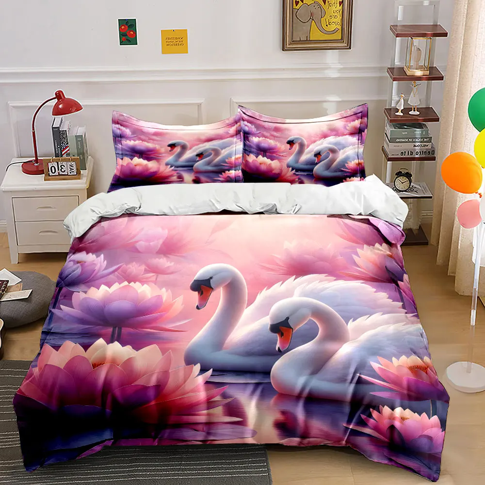 Graceful swans with pink lotuses Bedding Set for Kids Luxury Gift 3pcs Digital Print Comforter Set Soft Comfortable Breathable