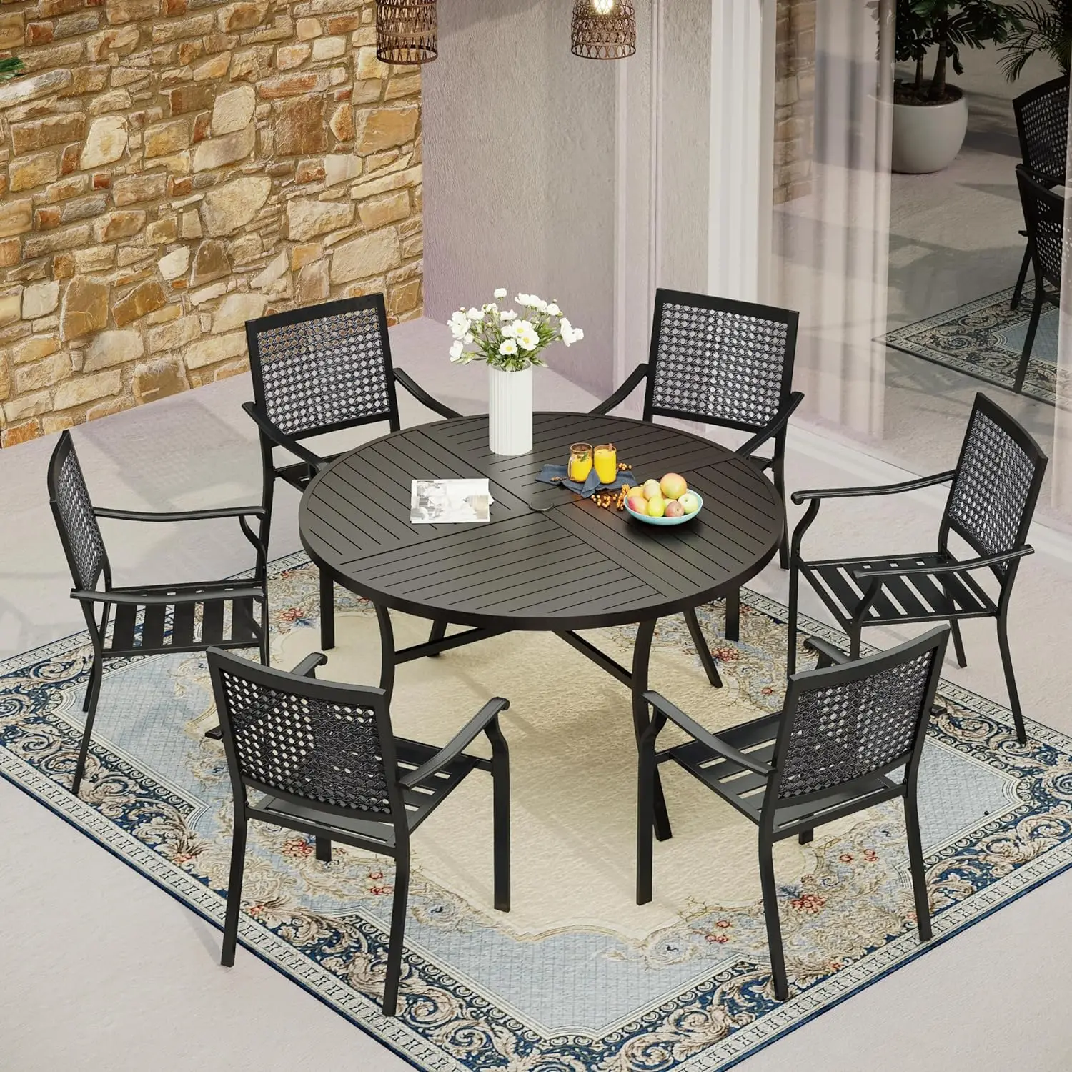 

7 Pieces Metal Patio Dining Set, 54" Round Iron Table with 1.75" Umbrella Hole and 6 Stackable Outdoor Metal Mesh Chairs