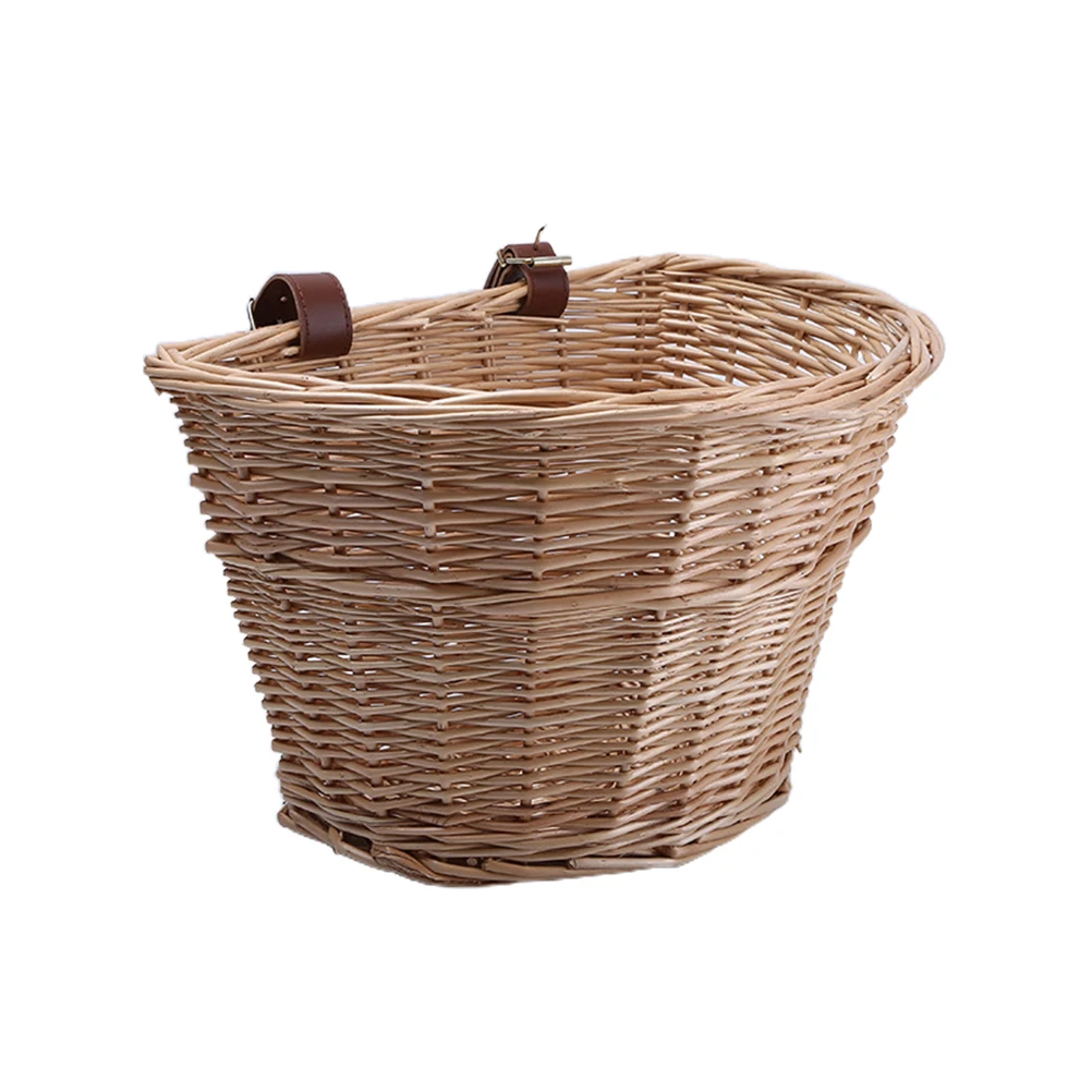 ZK30 Basket Vintage Wicker Basket Portable D Shaped Vegetable Basket for Mountain Bikes Front Basket with Leather Straps