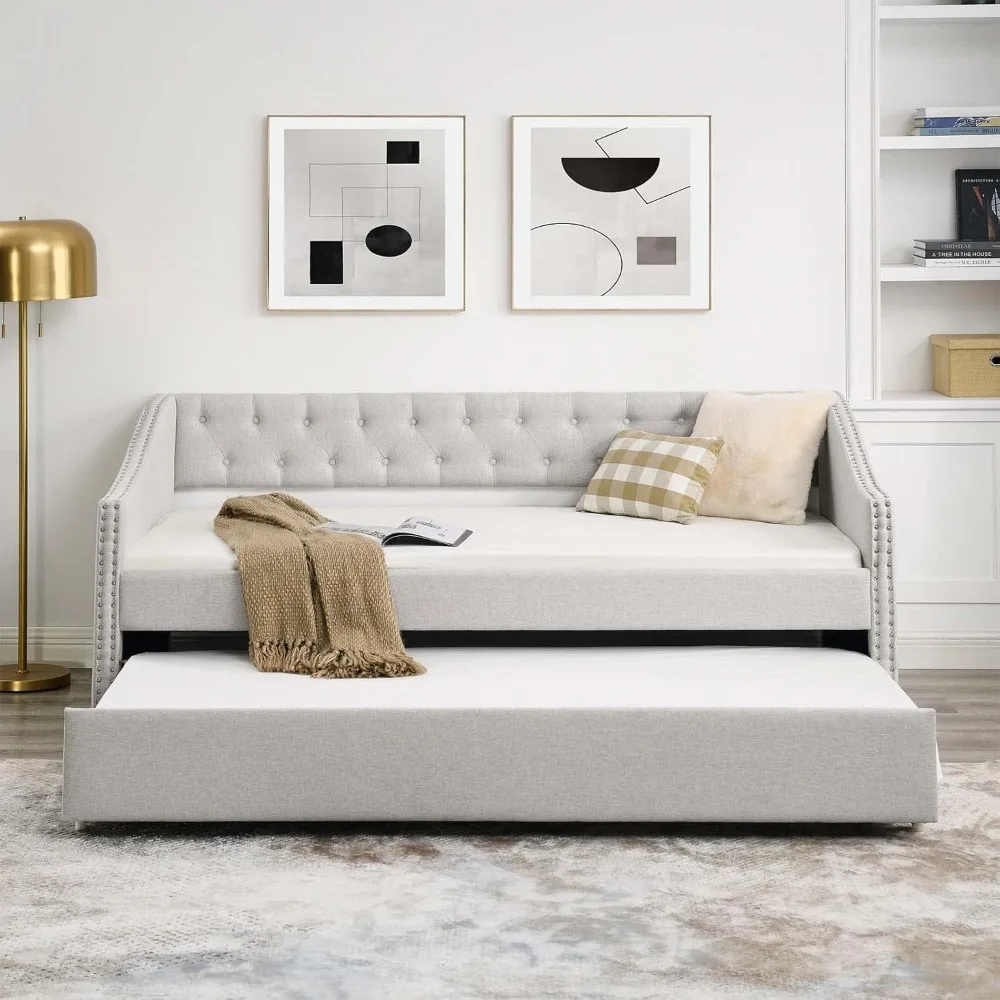 Sofá de dia Antetek com rodízio, cama de dia moderna estofada em veludo tamanho duplo com botão e estrutura de sofá tufado e um rodízio, sem caixa S