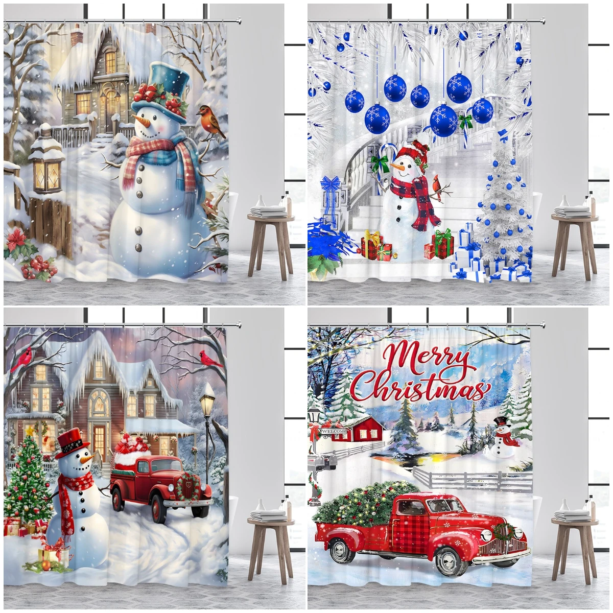 

Christmas Snowman Shower Curtains Xmas Tree Farmhouse Truck Winter Snowy New Year Home Bathroom Decor Bath Curtain With Hooks