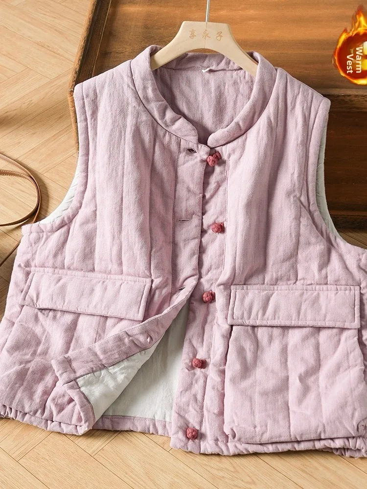 Warm Cotton Linen Vest Women's Fashionable Layered Wear Sleeveless Inner Cottonadded Breathable Comfortable Traditional Chine...