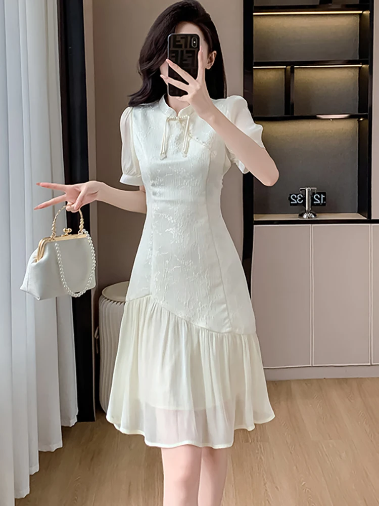 White Jacquard Patchwork Ruffled Midi Dress Women Summer Short Sleeve Bodycon Casual Home Dress 2024 Korean Elegant Luxury Dress