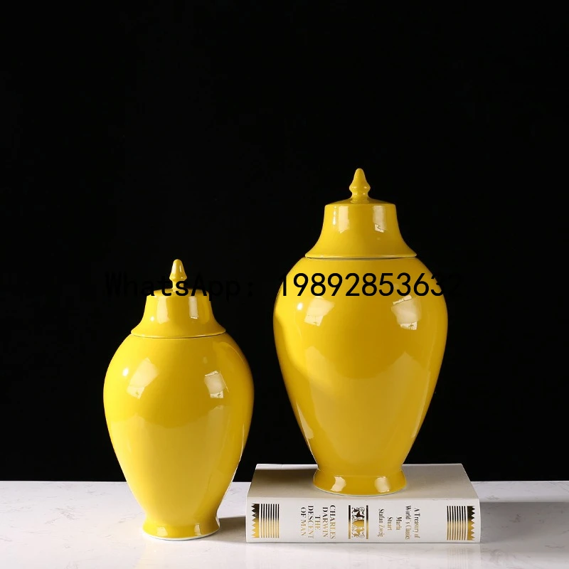 

Ceramic General's Jar Flower Vase Sealed Storage Tank Ginger Jar Porcelain Handicrafts Retro Yellow Chinese Bottle