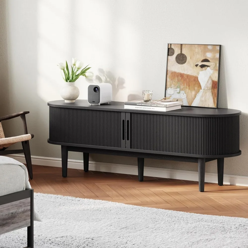 Mueble para TV moderno de mediados de siglo 65 con puerta corredera y almacenamiento - Centro de entretenimiento de madera estriada para sala de estar