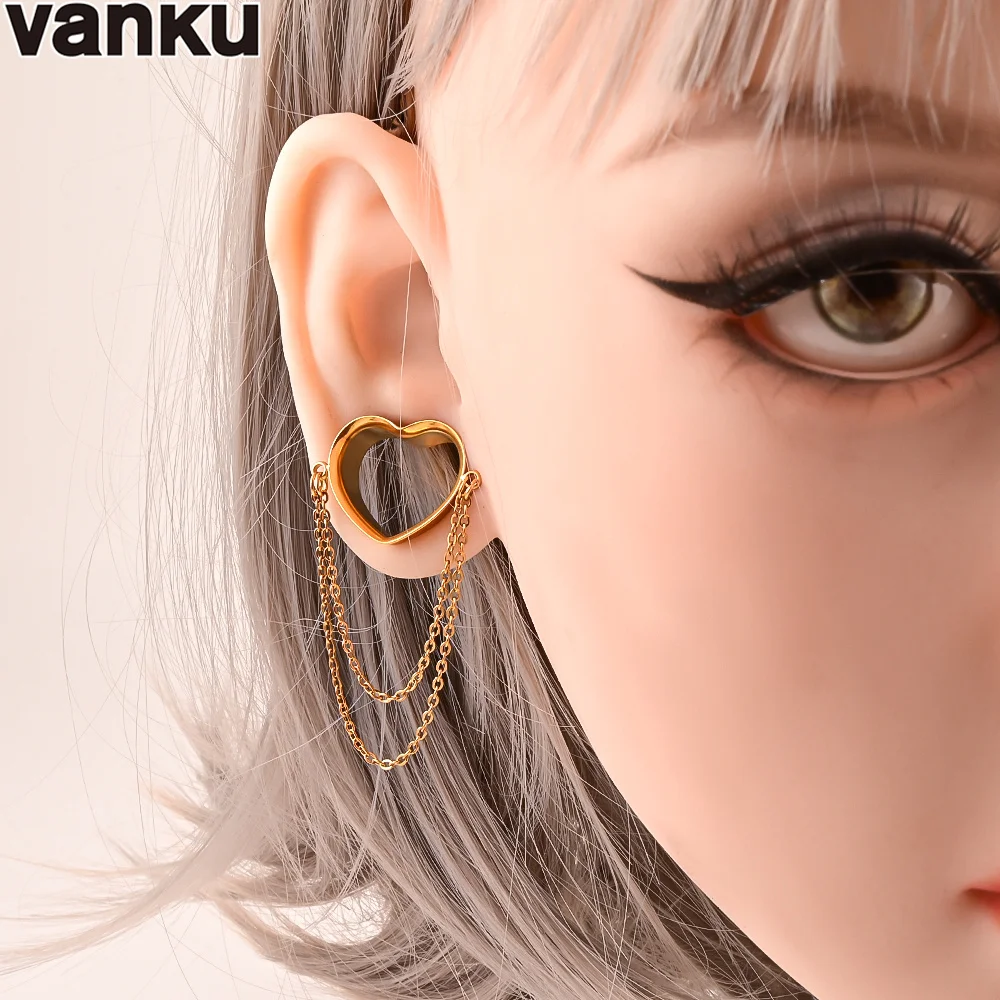 Vanku 2PCS New Punk Heart Chain Ear Plugs Tunnels Gauges Stretchers Expander Body Piercing Jewelry for Women