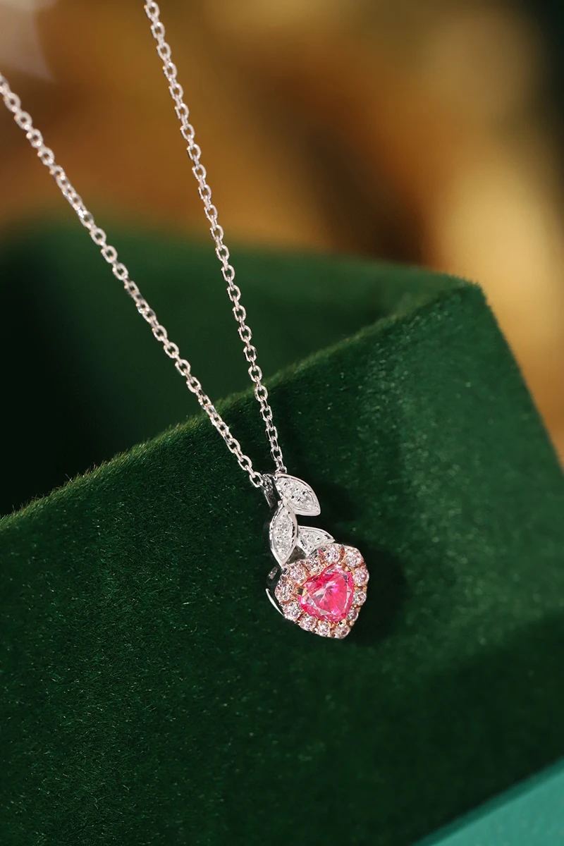 KUGG 18K White Gold Necklace Elegant Heart Design Real Natural Pink Diamond Necklace Romantic Women's Jewelry High Birthday Gift