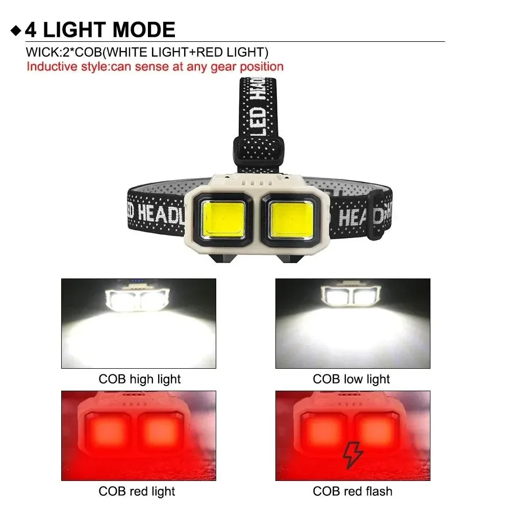 Linterna frontal con Sensor de onda inteligente, 4 modos de iluminación, linterna frontal portátil de 1200mAh, lámpara de trabajo de emergencia recargable para exteriores