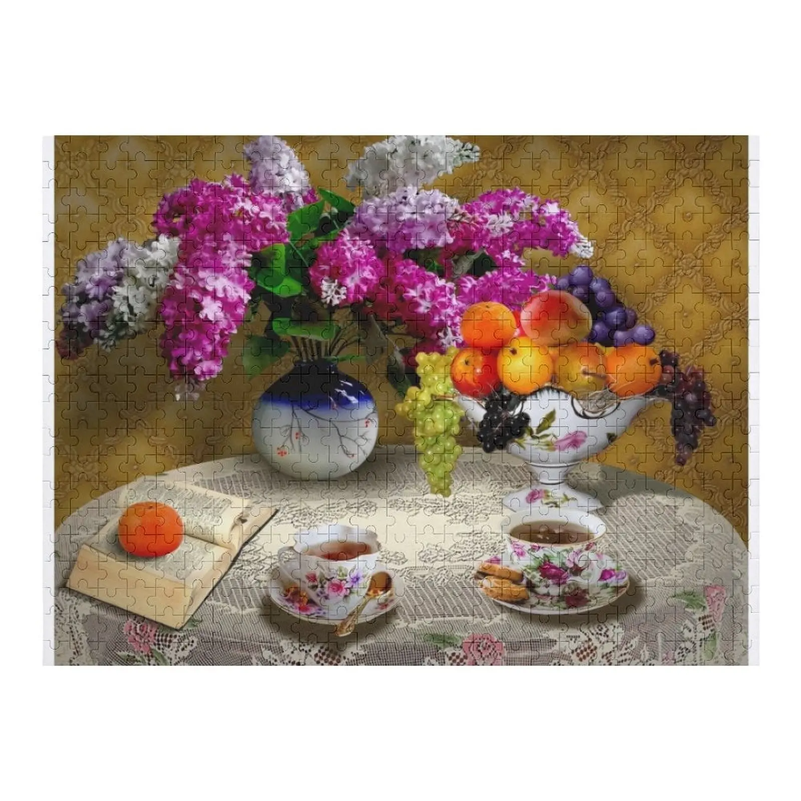 

Still life bouquet of lilacs flowers and tea. Picture with oil Home tea Jigsaw Puzzle Personalised Puzzle