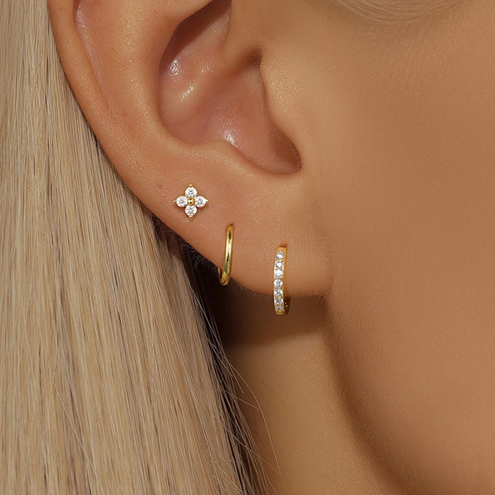 3-teiliges Set, exquisite Blumen-Kreis-Creolen für Damen, 14 Karat vergoldet, Zirkonia, ästhetischer Ohrstecker, Modeschmuck