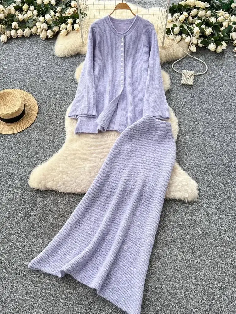 

Lazy Style Women Two Piece Sets Autumn Winter Loose Round Neck Long Sleeved Single Breasted Knitted Top High Waisted Skirt Suits