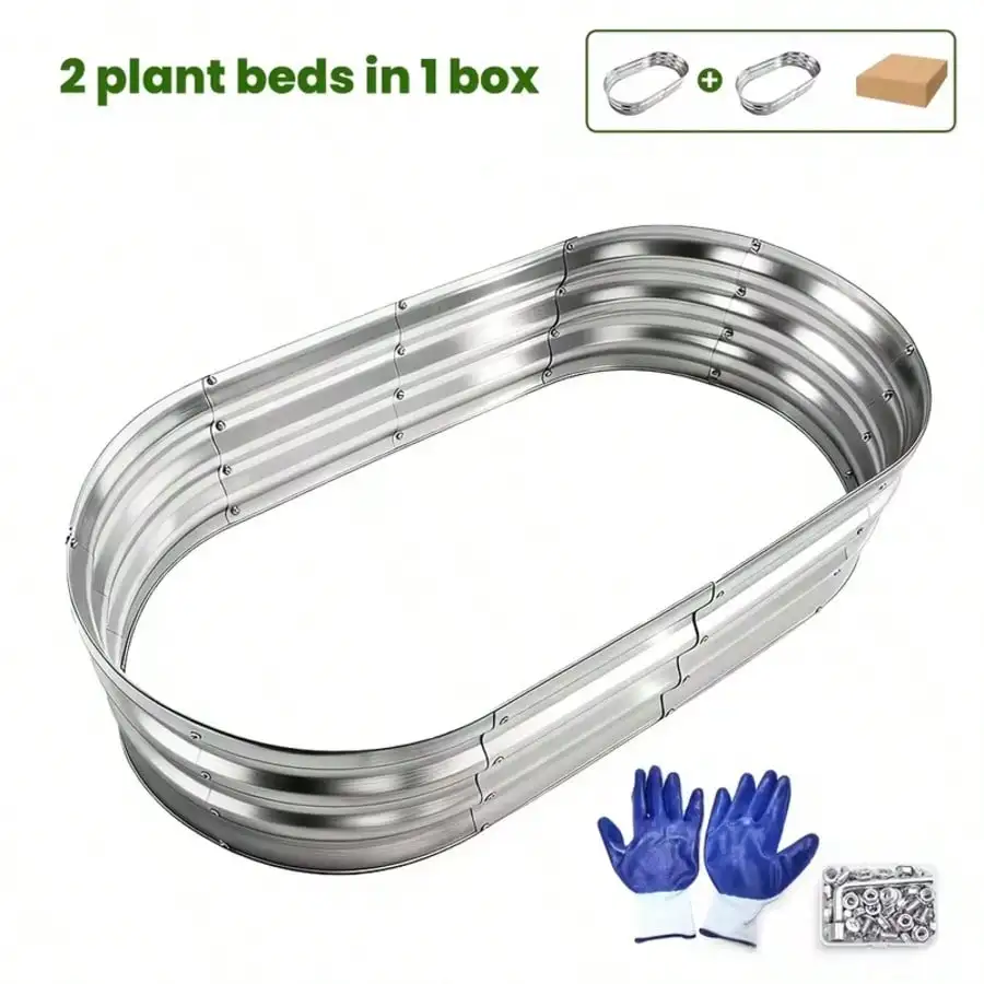 2 Pack Oval Metal Raised Garden Bed, 4×2×1 FT, Rust Resistant Silver Planter Box for Flowers & Vegetables