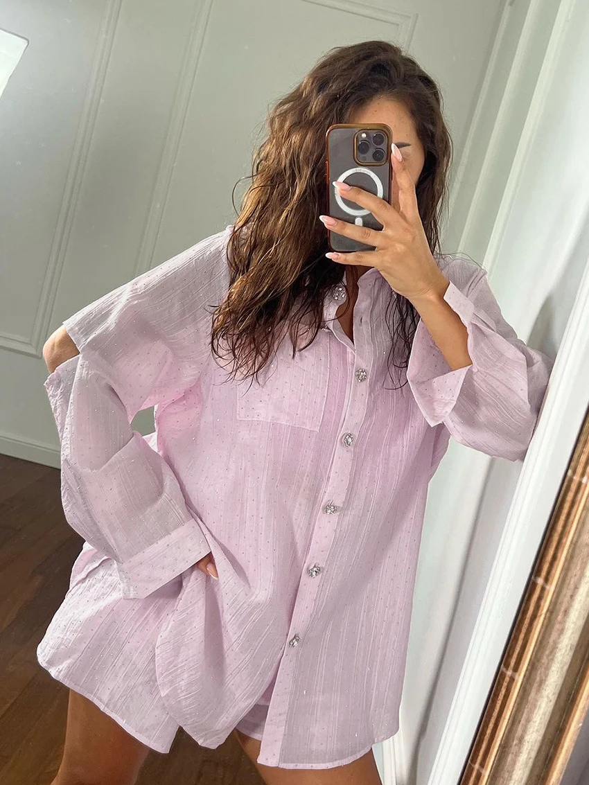 Marthaqiqi Loose Pink Female Sleepwear 2 Piece Set Long Sleeve Nightgowns Turn-Down Collar Nightwear Shorts Casual Home Clothes