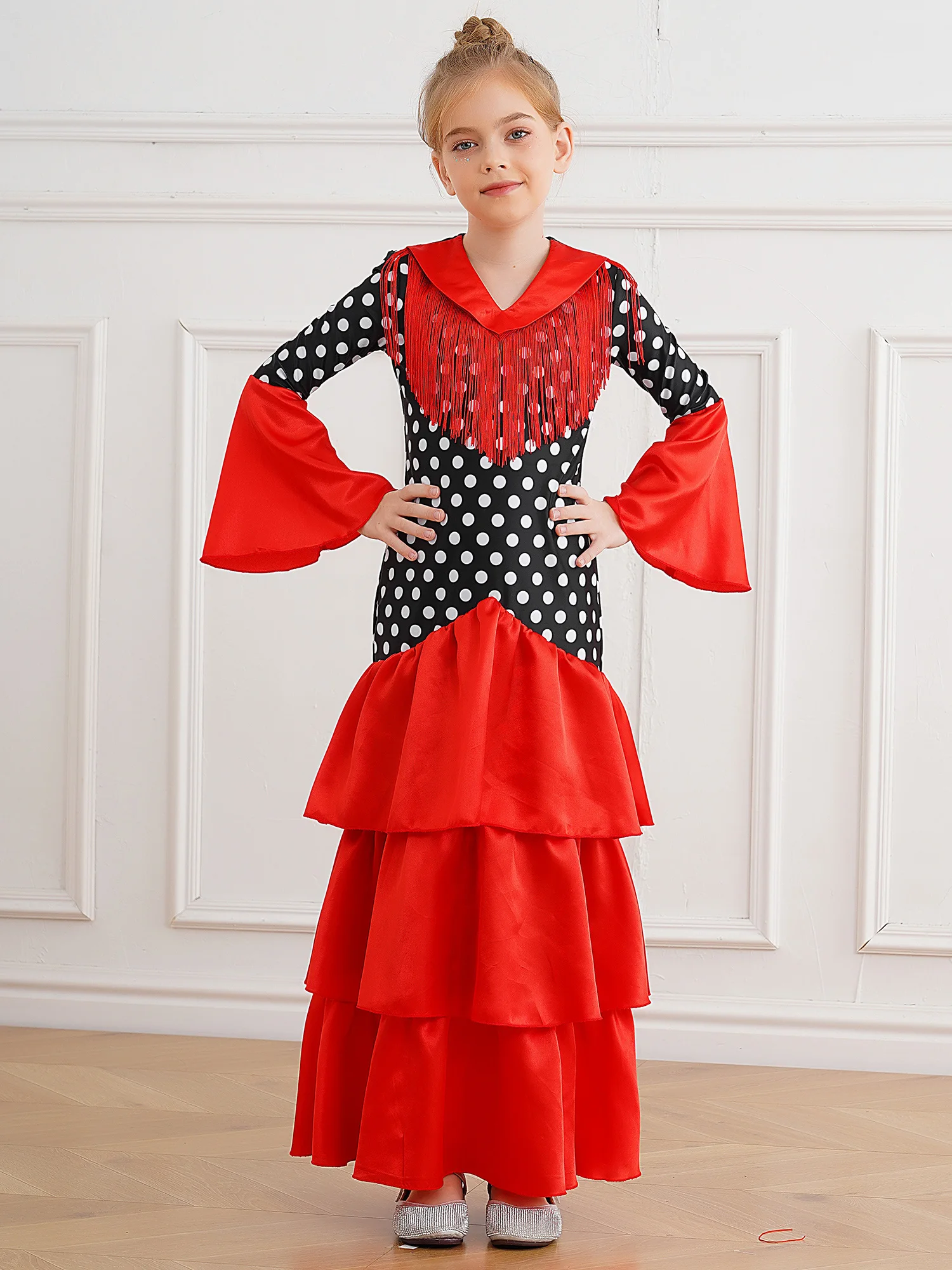Crianças meninas vestido de dança flamenco halloween cosplay tourada espanhola dancewear manga queimada em camadas plissado bolinhas vestido