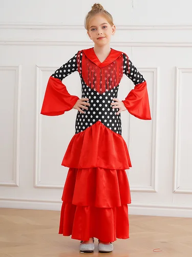Vestido de baile Flamenco para niñas, Cosplay de Halloween, Ropa de baile de toro español, vestido de lunares con volantes escalonados y mangas acampanadas