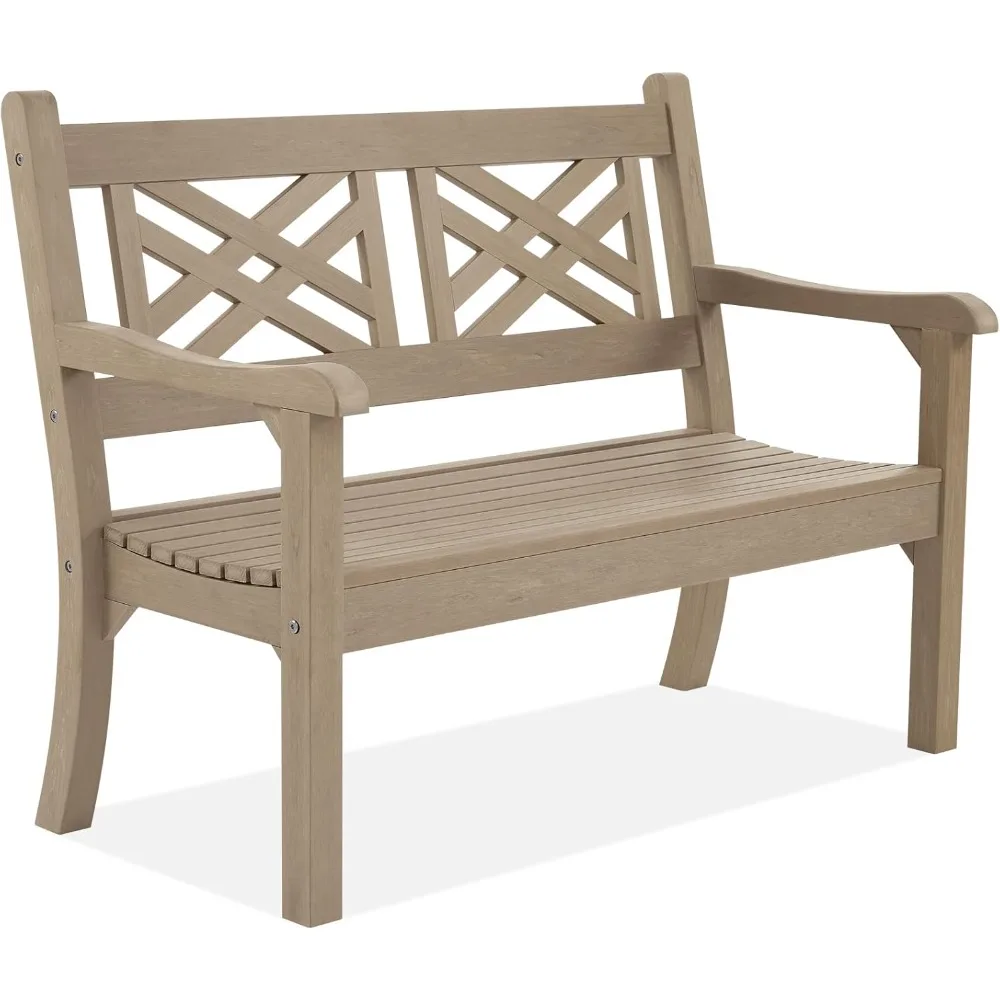 

49''W All-Weather Poly Lumber Outdoor Bench – Grey, 2-Person Garden Bench with Decorative Backrest & Curved Armrests