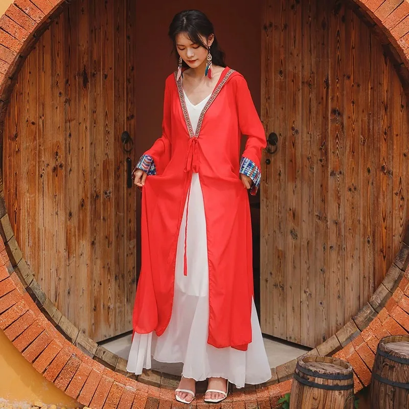 Летнее женское пляжное платье, сексуальное бикини, шифоновое длинное платье для женщин, красное пляжное платье, женский купальный костюм, пляжная туника, платье-кафтан