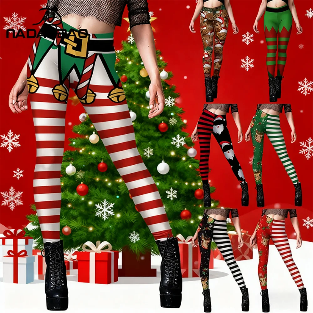

NADANBAO Red Green Stripes Christmas Leggings Women’s Santa Claus Bell Print Trousers Funny Holiday Party Pants Casual Fitness