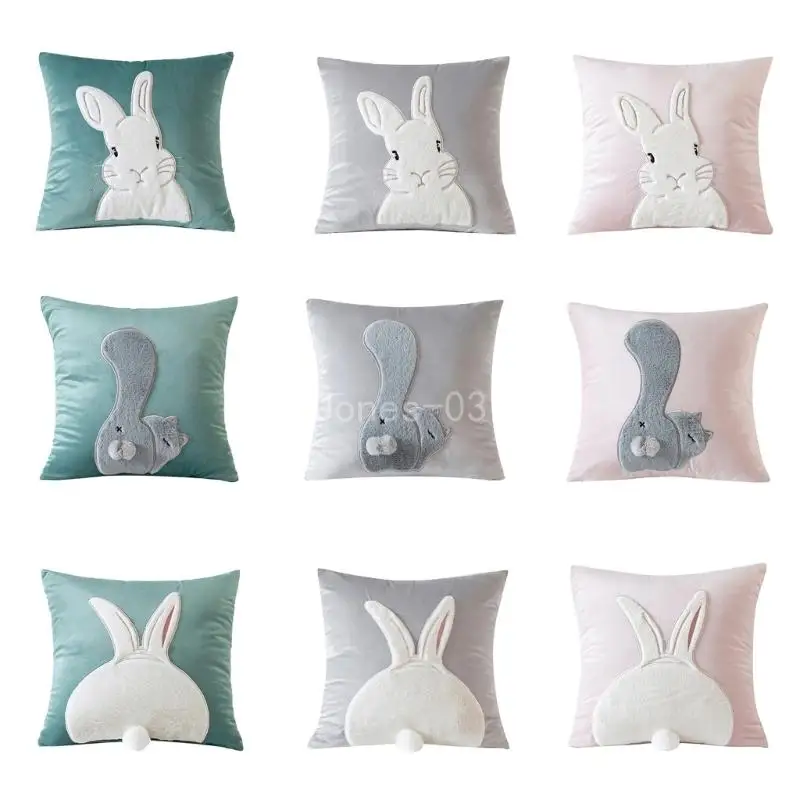 

Q6PE Rabbit Pillow Cover 45x45cm Square Decorative Cushion Covers Supplies for School Office Bed Sofa Couch Decoration Gift