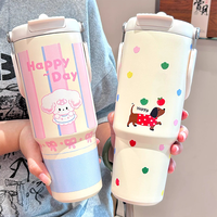 900ML Cute Insulated Tumbler Coffee Cup For Girls 316 Stainless Steel Thermo Bottle Travel Mug Vacuum Flask With Handle Straw