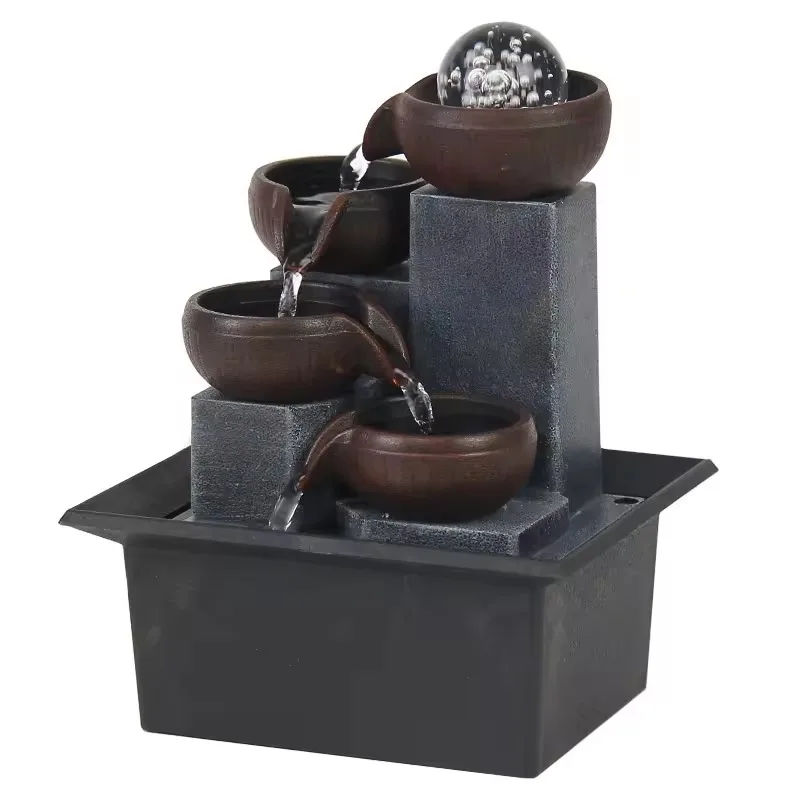 Zen Meditation نافورة الماء بوليريسين سطح الطاولة أربعة طبقات تدفق صفح LED ضوء للاسترخاء في المكتب المنزلي #5