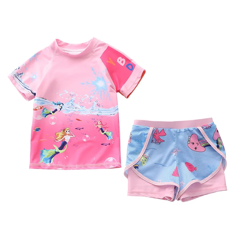 HappyFlute 16-38kg 2-Pieces Set Children\'s Swimming Pool Swimsuit Girls Lovely Split T-shirt Sweet Printed Infant Swimwear