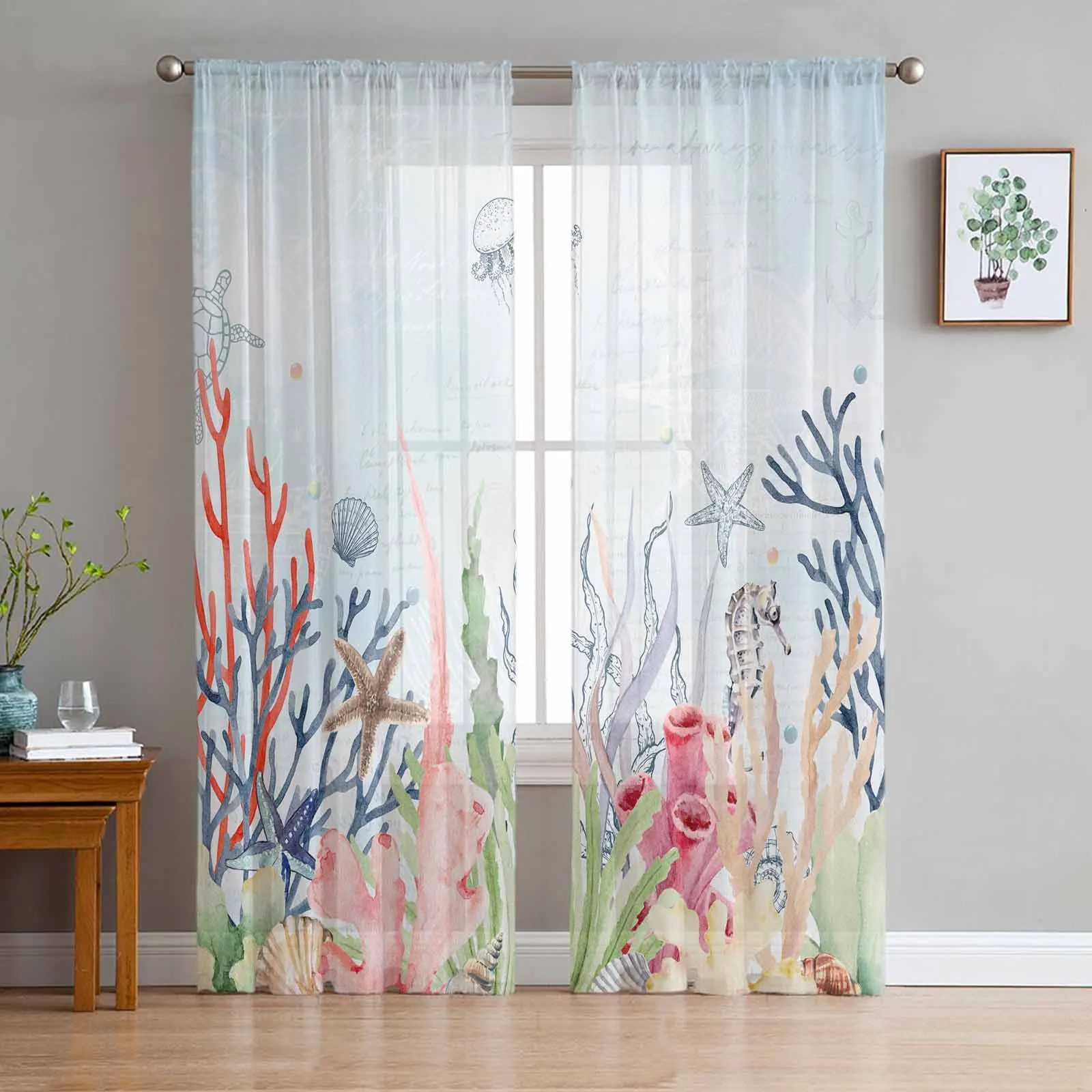 

Summer Ocean Coral Shell Starfish Voile Curtains for Living Room Window Tulle Curtain for Bedroom Sheer Blinds Drapes