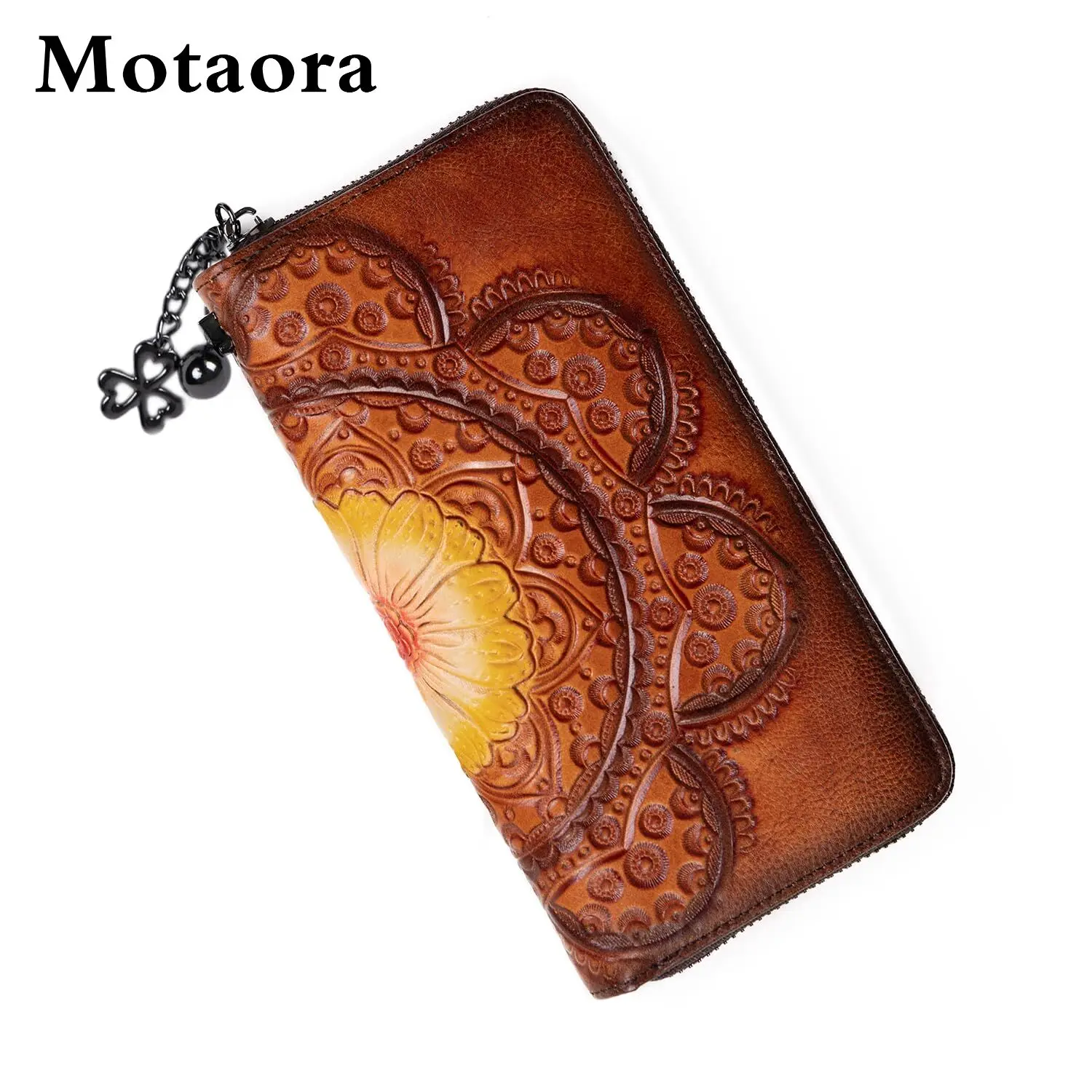 

Women's RFID Blocking Wallet Genuine Cowhide Leather Handmade Embossing Vintage Long Clutch Purse with Wristlet & Card Slots NEW