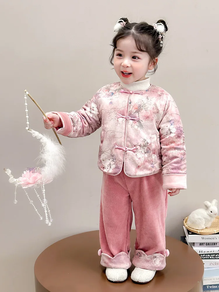 Girls' New Chinese Style Winter Outfit, Baby Girl's Cotton Padded Hanfu Tang Two Piece Set For Year's Long Sleeved Pants Printin