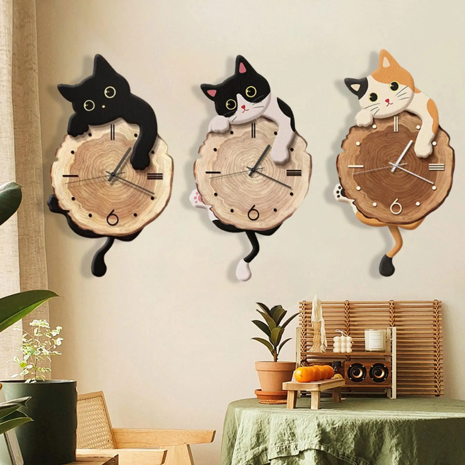 Cat Wall Clock Animal with Swinging Tail Cute Pendulum Decorative Clock for Kitchen Bedroom Dining Room Living Room Indoor