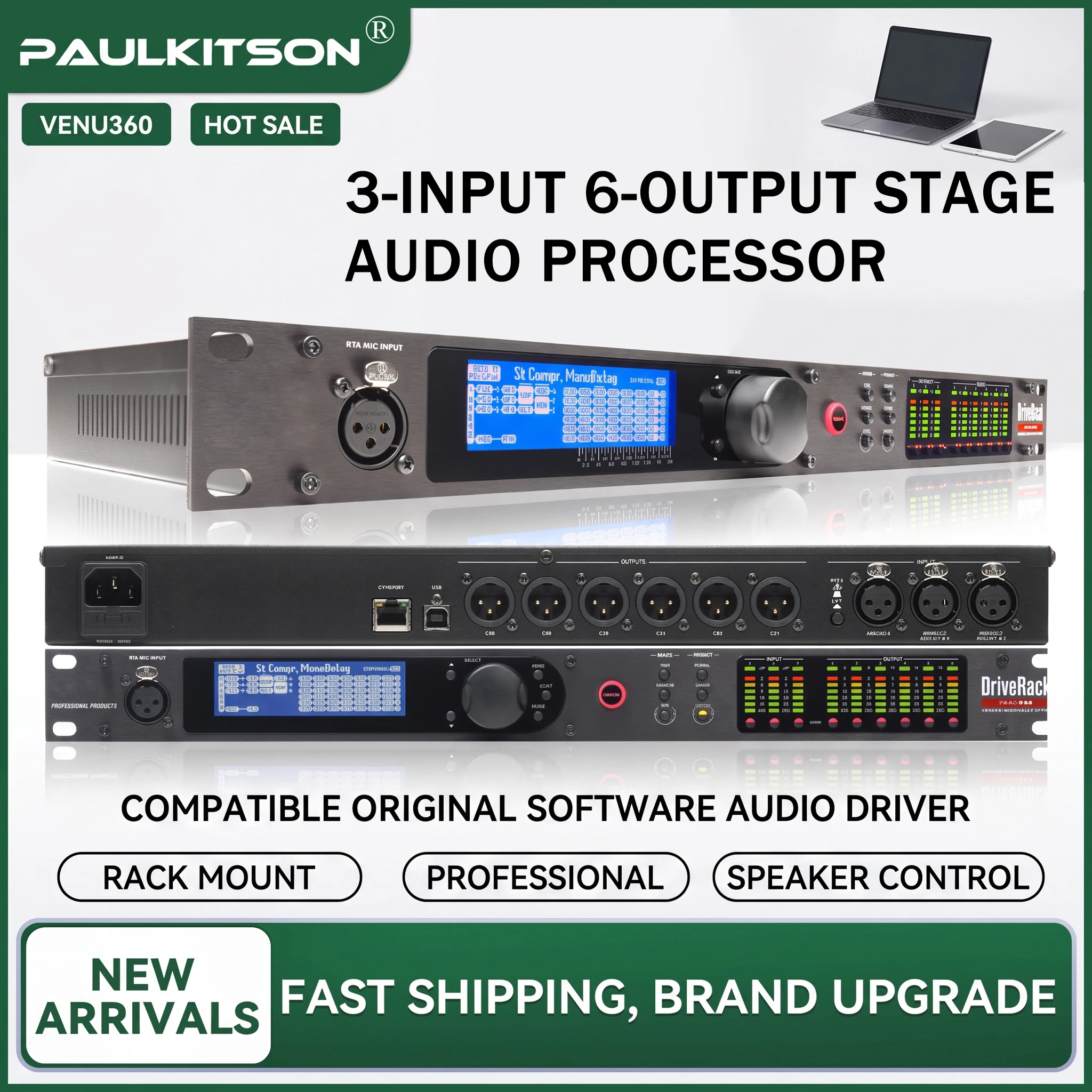 Paulkitson VENU360 3In 6Out Rack‑Mount DSP Audio Processor, Speaker Management System PC EQ Tuning for Concert Home Bar Show