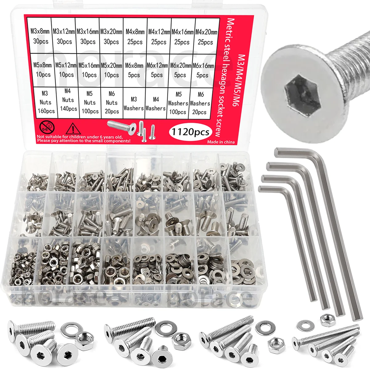 1120 Stück Edelstahl-Innensechskantschrauben |   Metrisches M3/M4/M5/M6-Set, inklusive Muttern, Unterlegscheiben und Sechskantschlüssel