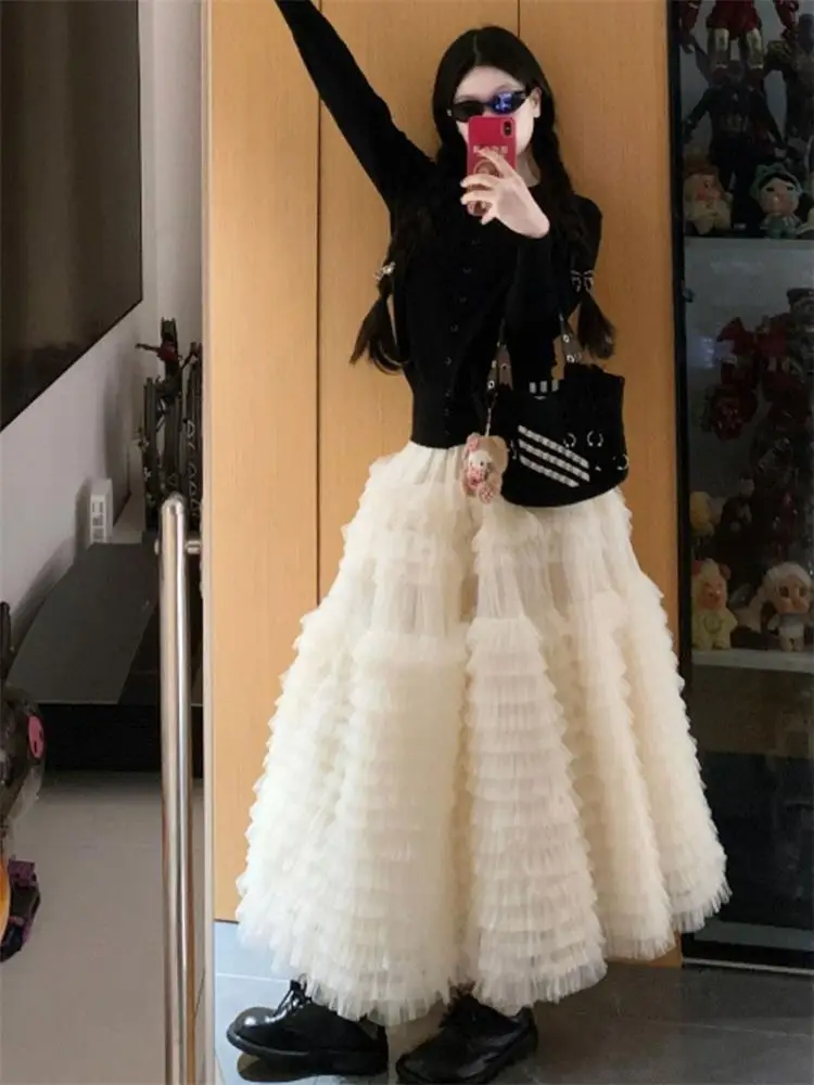 2026 New Heavy Work Mesh Puffy Cake Skirt in off White with Lace Hem Layered Half Skirt Autumn Winter Fairy Skirt Women's Fas...