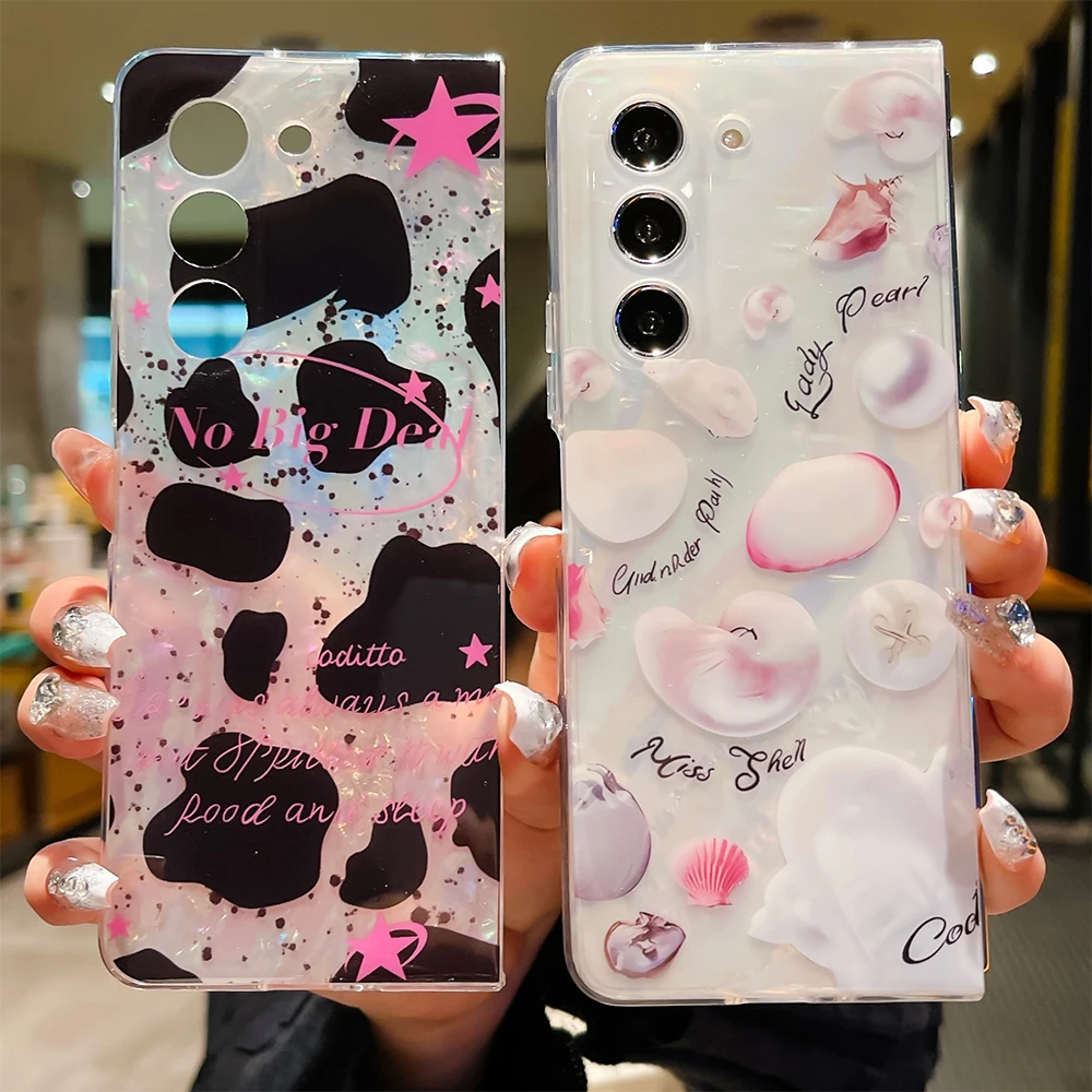 Floral Shell for Samsung Galaxy Z Fold 5 5G Case SM-F946 Laser Glitter Cute Flower Shockproof Full Camera Protect Cover Fundas