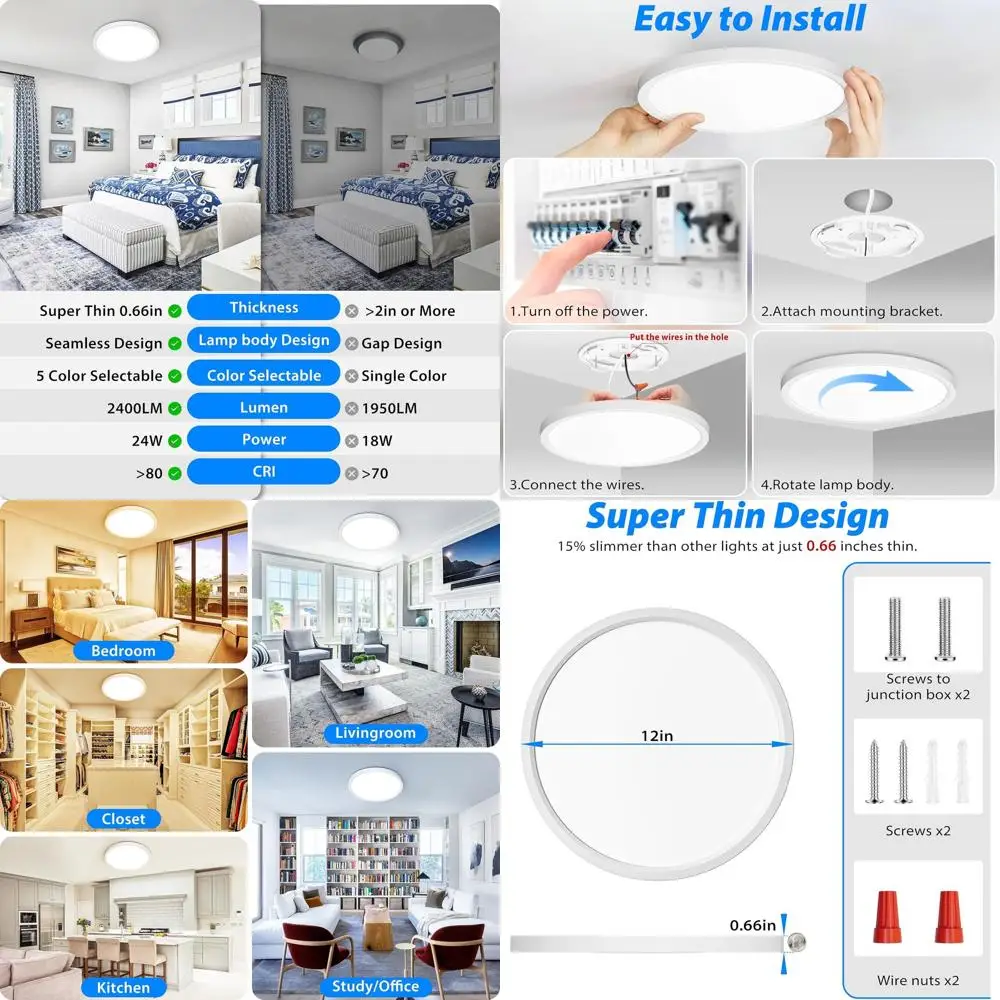 

6-Pack 12 Adjustable 24W LED Ceiling Light Fixture, 3000K-6500K, 2400LM Bright White for Home Use