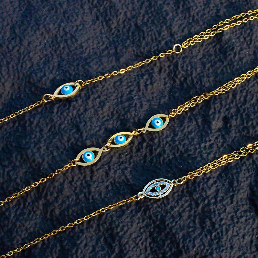 Vintage Lucky Turkish Evil Eye Bracelet Ring Stainless Steel Adjustable Chain Bracelets For Women Men Summer Jewelry