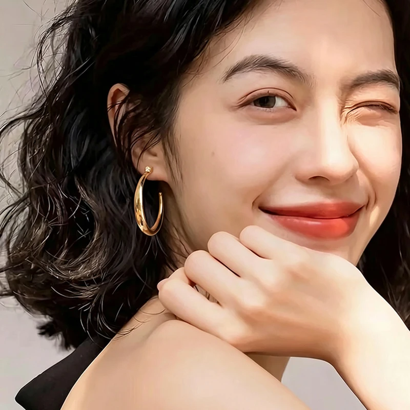 18K Gold Plated Open Hoop Earrings for Women Minimalist C-shaped Circle Earring with Small Zircon Stud Fashion Daily Jewelry Acc