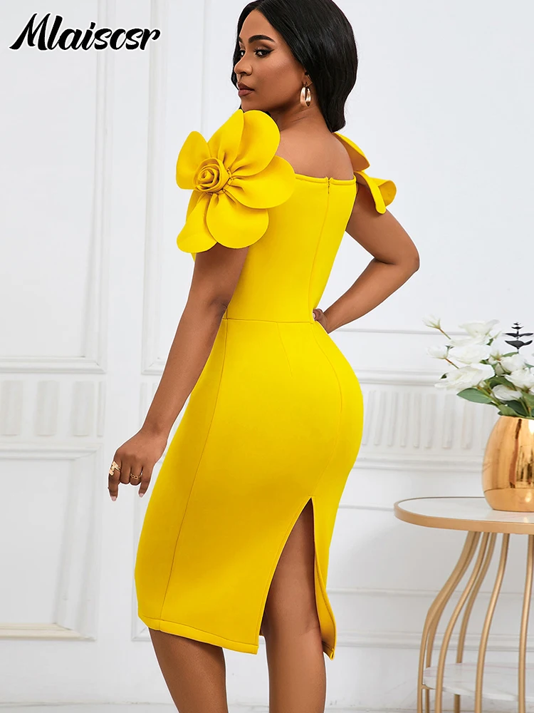 Mlaiscsr Sexy Off the Shoulder Petal Sleeve Mid Dresses with Sashes Woman Clothing Office Lady Elegant Birthday Party Prom Robe