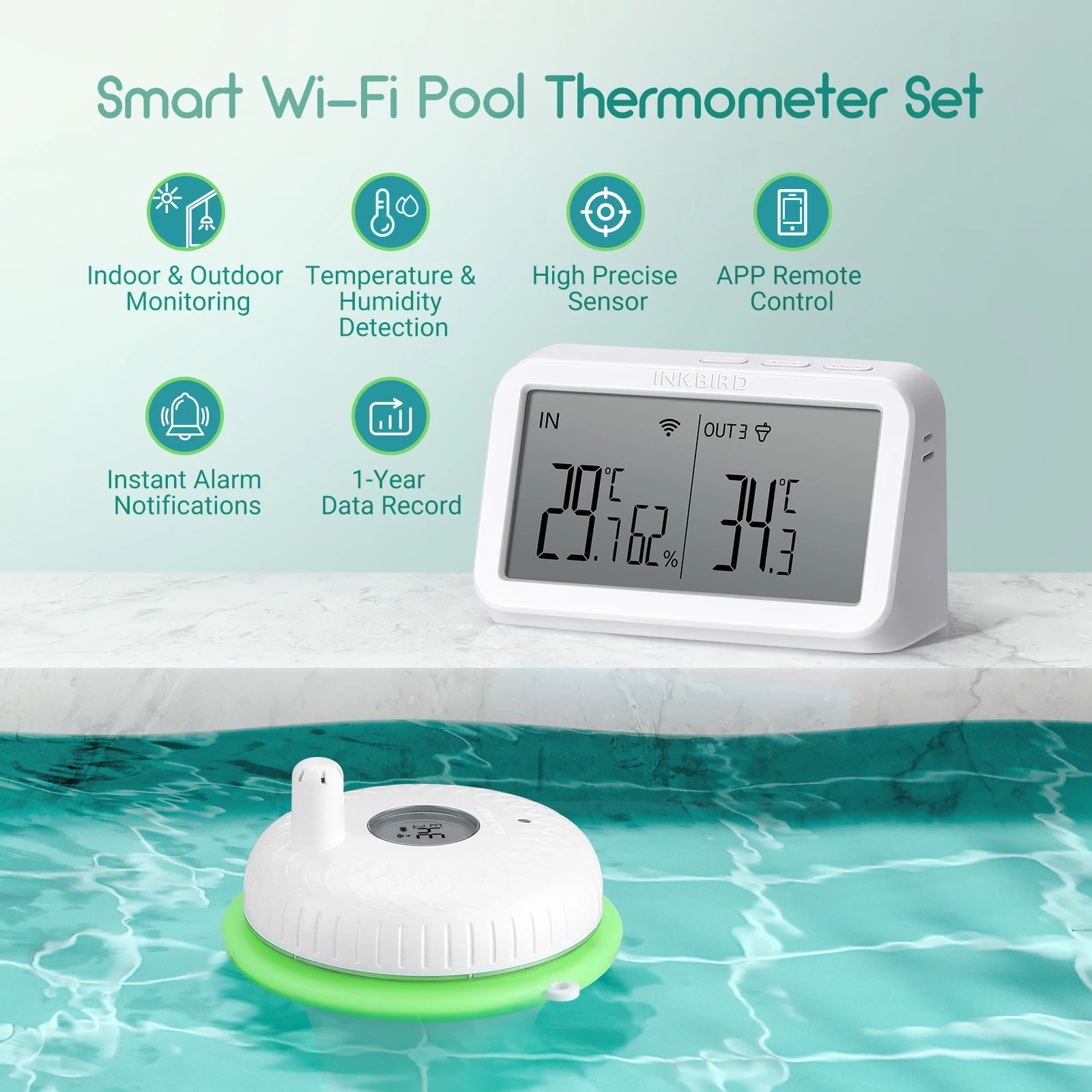 INKBIRD 2nd-Gen Wireless Pool Thermometer with IBS-M2 Wifi Gateway Combo Waterproof Digital Floating Thermometer for Spa Pond