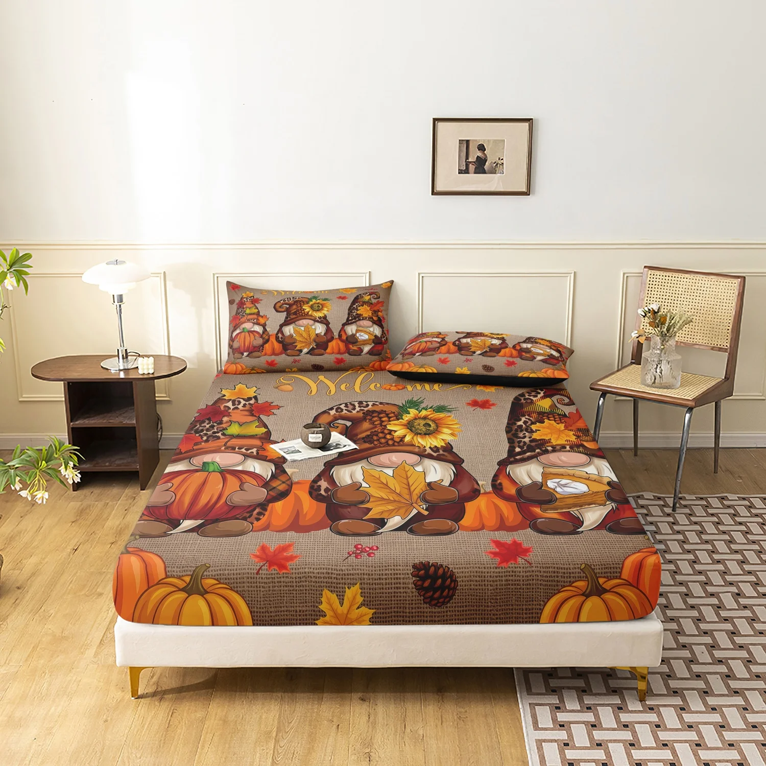 3 Pieces Autumn Fall Pumpkin Print Fitted Sheet Set, Leopard Sunflower Maple Leaf Printed Bedding, For Bedroom Decoration