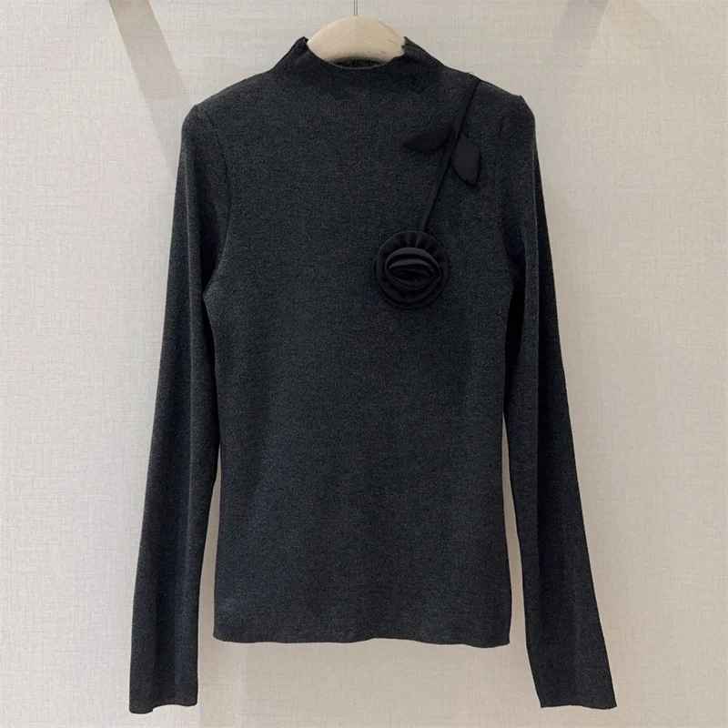 Women's sweater 2025 Winter new elastic knitted slim fit long sleeved top wool blend women's tops 3D flower decoration pullover