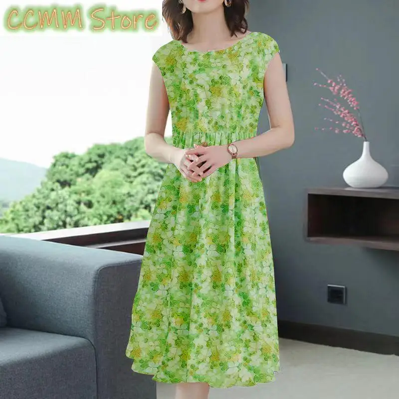 فستان ميدي شعبي بدون أكمام للتنقل ملابس نسائية كاجوال برقبة دائرية وخصر على شكل حرف a فساتين صيفية رفيعة مطبوعة عتيقة