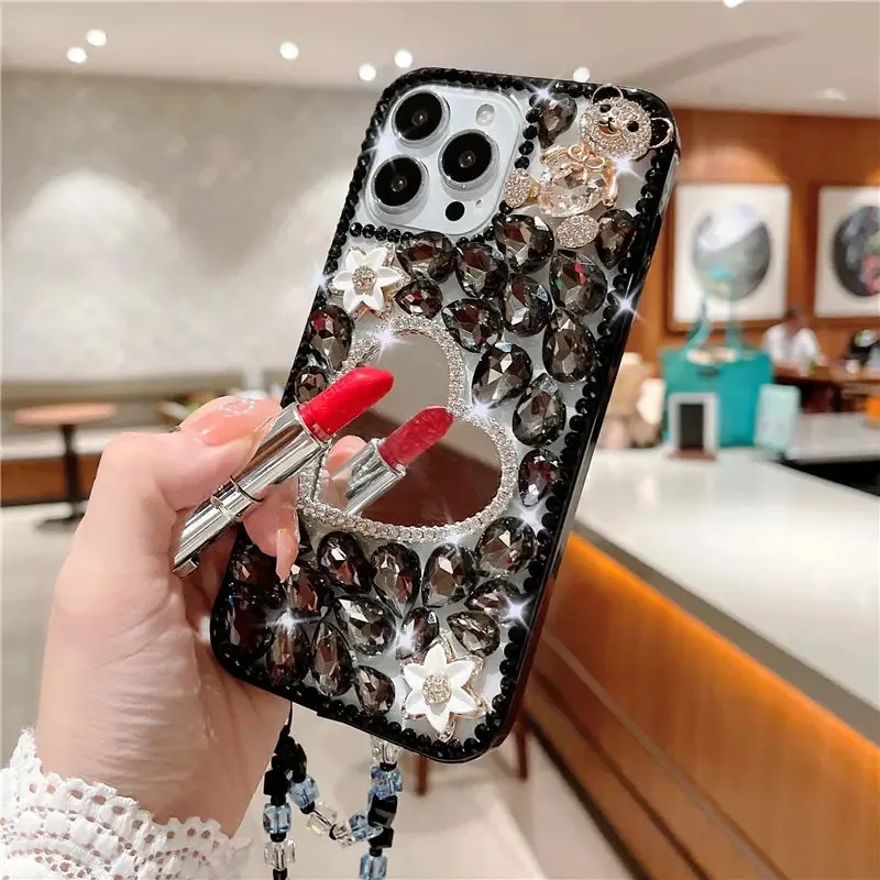 

Shockproof Phone Case with Diamond Makeup Mirror for Women, Luxury Back Cover for Samsung S24, S21, S22, 23 Ultra, Note 20